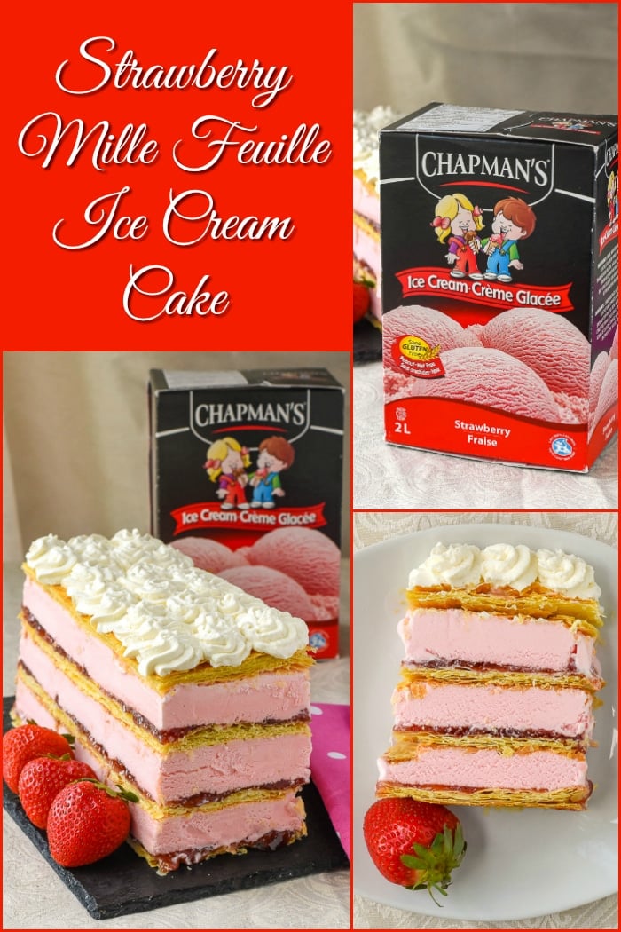 Strawberry Mille Feuille Ice Cream Cake photo collage wuth title text added for Pinterest