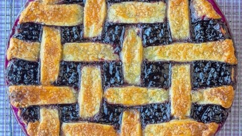 The Best Blueberry Pie, overhead photo of entire pie on a blue checkered background