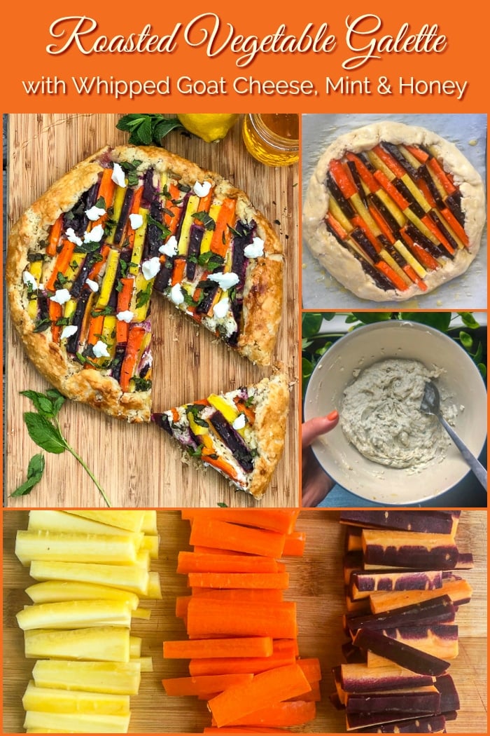 Vegetable Galette with Whipped Goat Cheese, Mint and Honey phot0 collage with title text added for Pinterest