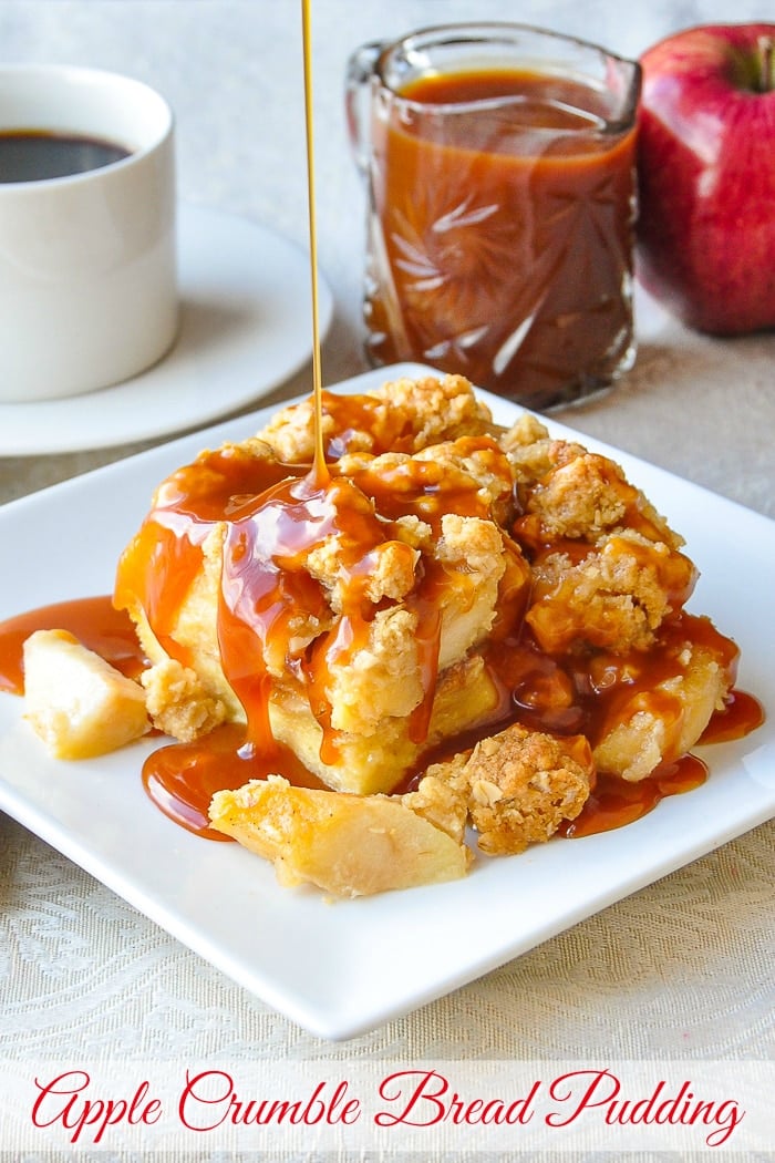 Apple Crumble Bread Pudding photo of one serving on a white plate with title text added for Pinterest