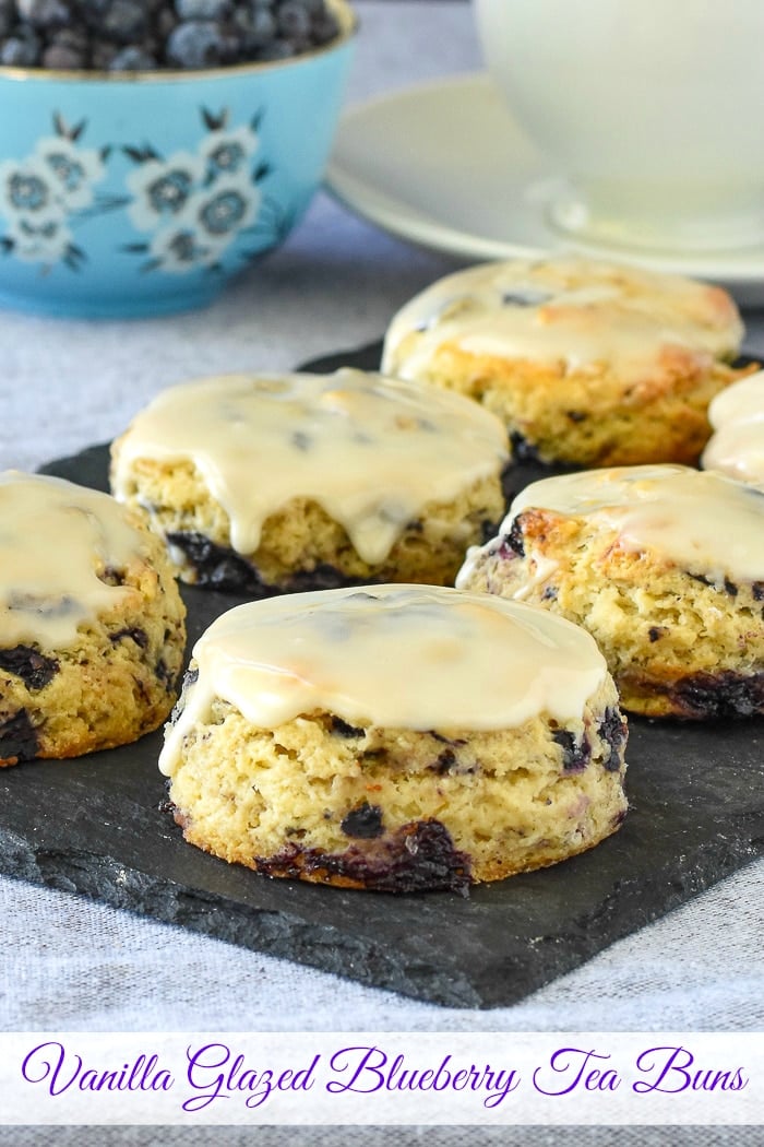 Blueberry Tea Buns on a slate serving pate with title text added for Pinterest