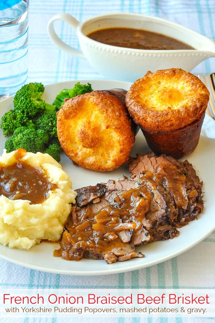 French Onion Braised Beef Brisket photo of a complete dinner with title text added for Pinterest