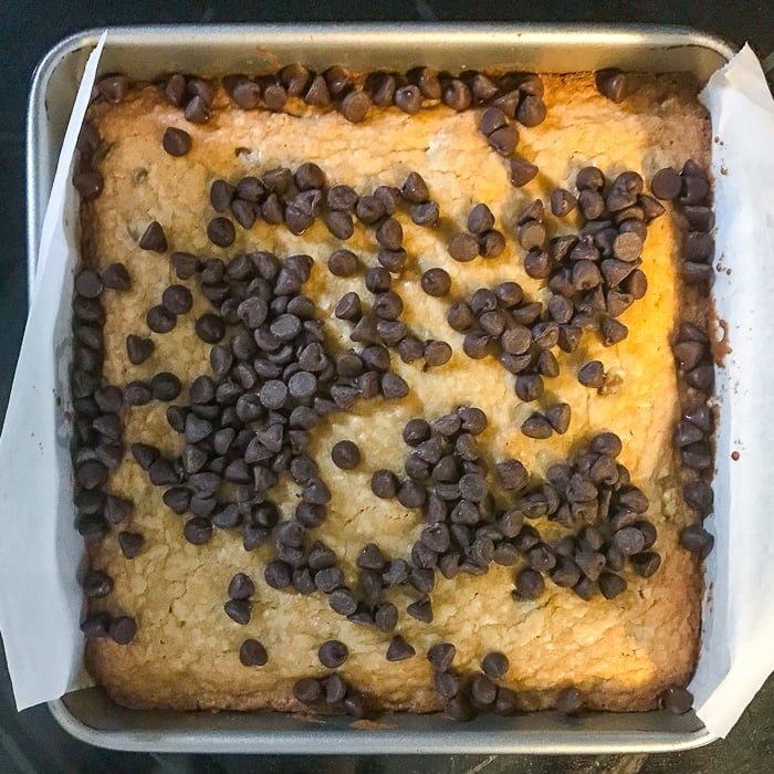 Adding the chocolate chips to the top layer