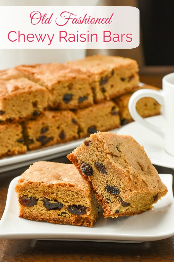 Chewy Raisin Bars on a white plate with title text added for Pinterest