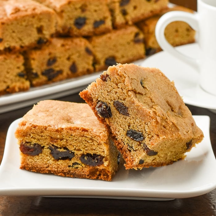 Close up photo of Chewy Raisin Bars for post featured image