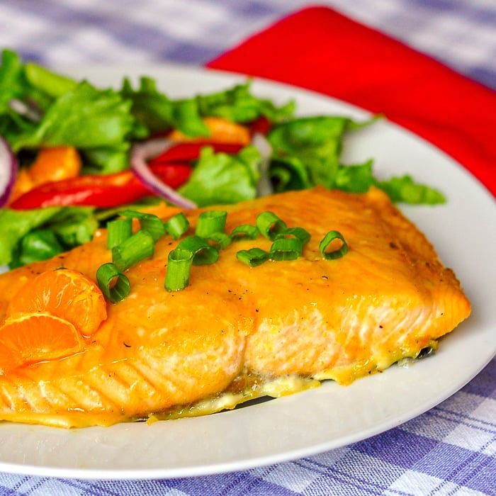 Ginger Orange Glazed Salmon close up photo on. white plate