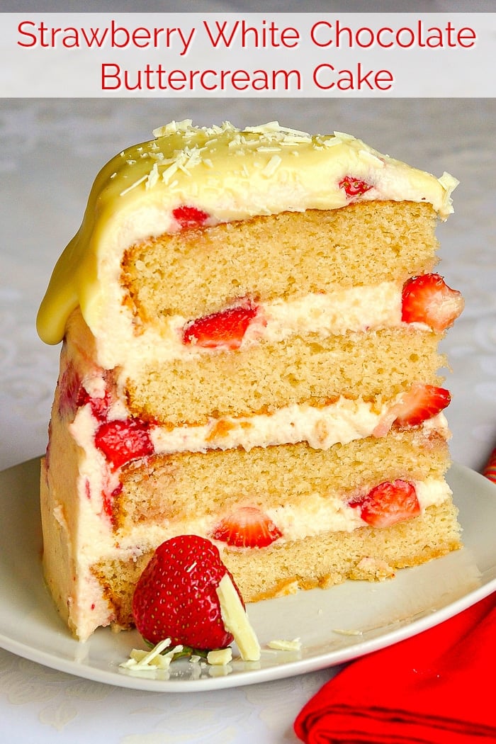 Strawberry White Chocolate Buttercream Cake photo of a single slice on a white plate with title text added for Pinterest