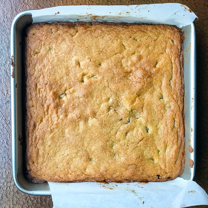 The Easiest Chocolate Chip Squares fresh from the oven