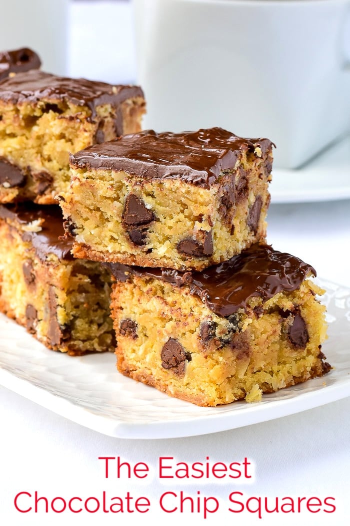 The Easiest Chocolate Chip Squares photo with title text added for Pinterest.