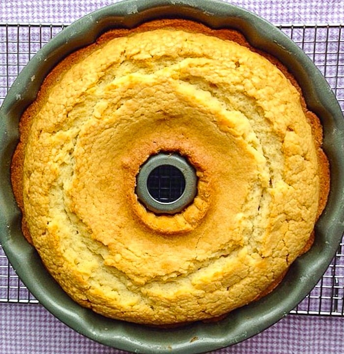 Vanilla Pound cake in a bundt pan fresh from the oven