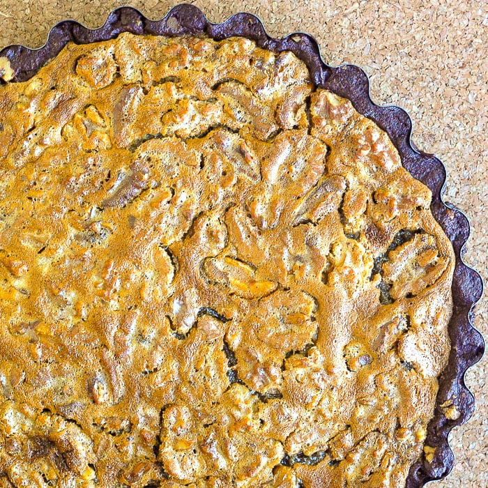 Walnut Brownie Pie close up photo of uncut pie