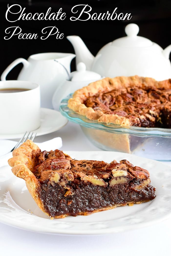 Chocolate Bourbon Pecan Pie photo of a single slice with title text added for Pinterest