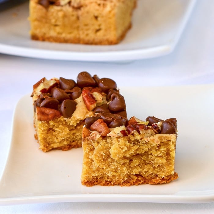 Chocolate Pecan Blondies close up image of a single cookie bar broken in half to reval the crumb structure