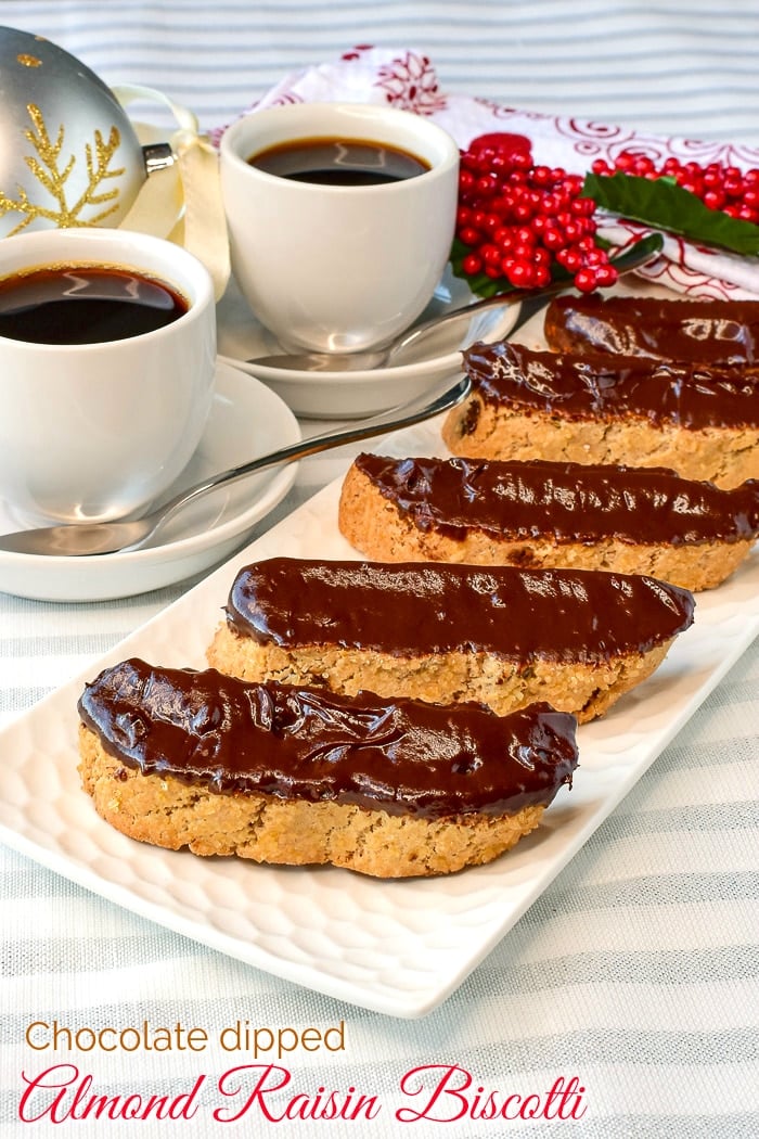 Chocolate dipped Almond Raisin Biscotti photo with title text added for Pintertest