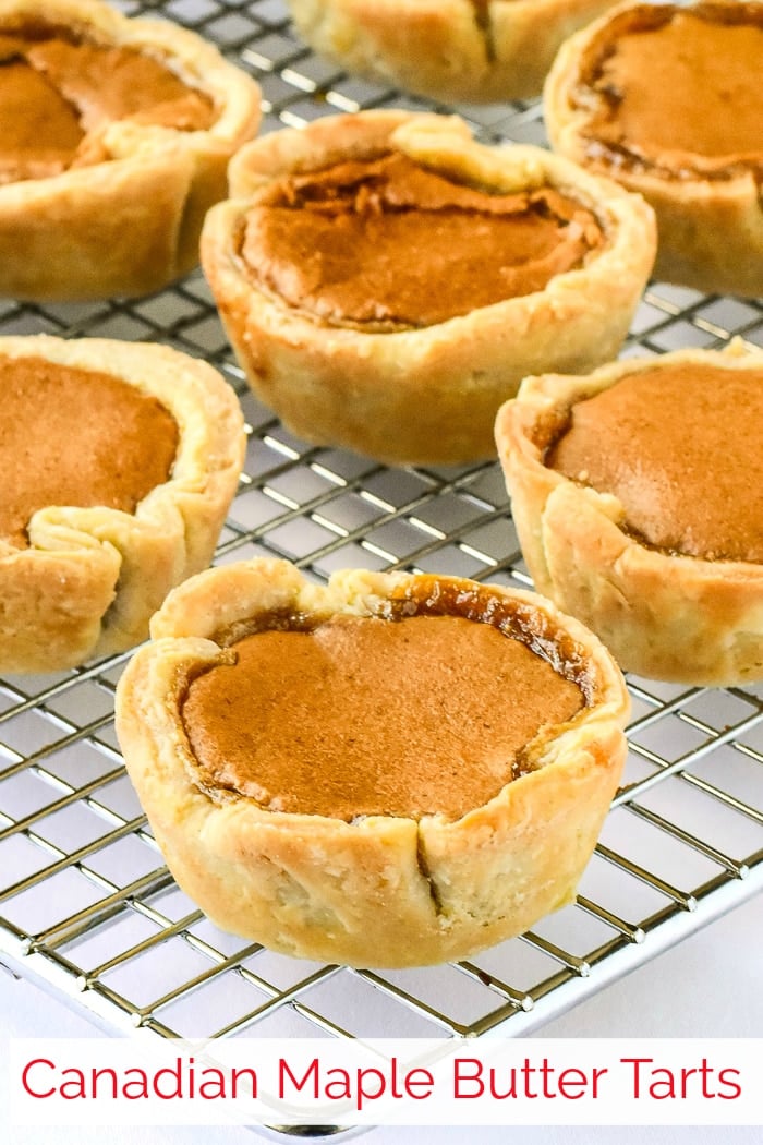 Maple Butter Tarts photo cooling on a wire rack with title text added for Pinterest