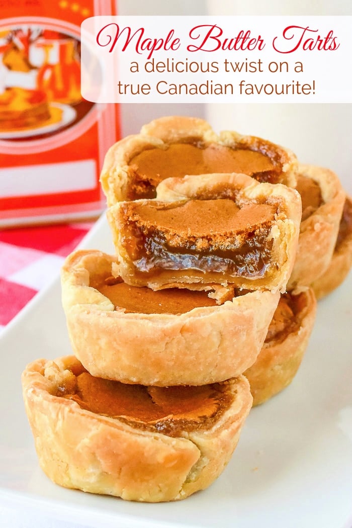 Maple Butter Tarts photo showing the filling of one tart with title text added for Pinterest