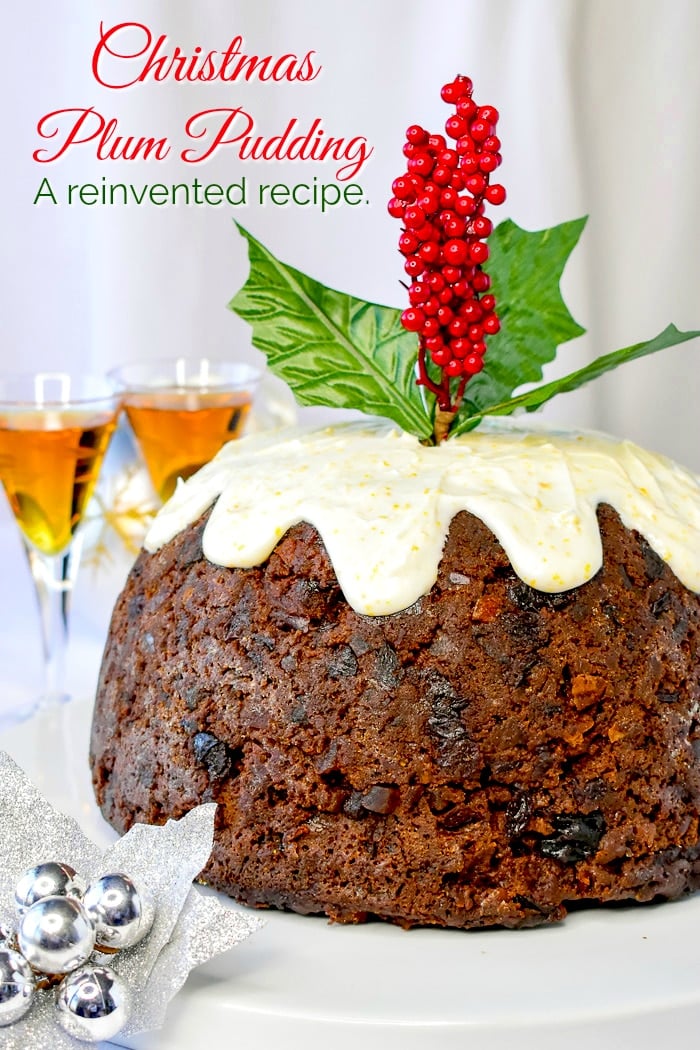 Christmas Plum Pudding photo of completed pudding with title text added for Pinterest