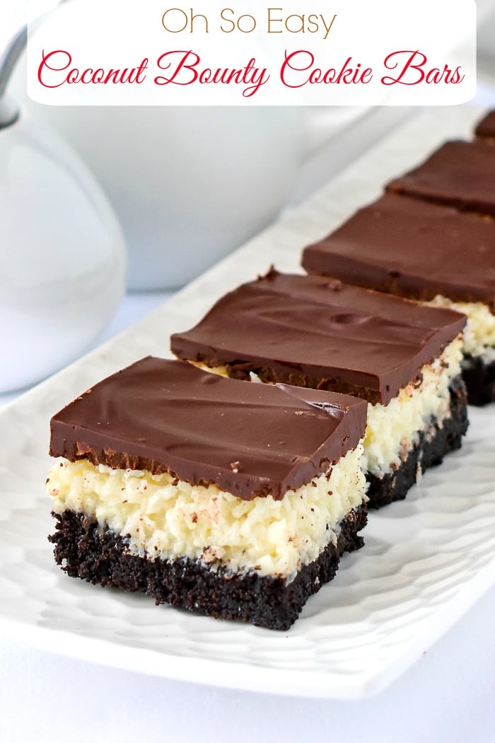 Coconut Bounty Cookie Bars on a white platter with title text added for Pinterest