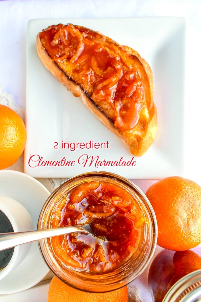 Overhead close up photo of open marmalade bottle and a slice of toast with title text added for Pinterest