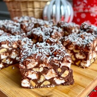 Peanut Butter Rocky Road Bars sqaure cropped close up featured image