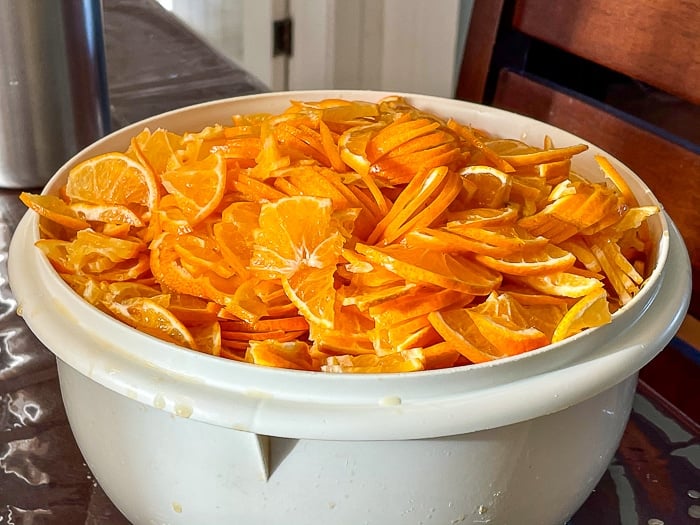 Sliced clementines ready for the pot