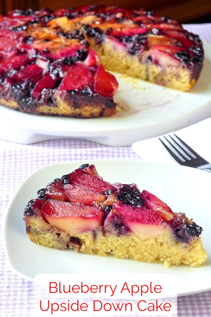 Blueberry Apple Upside Down Cake photo of a single slice with title text added for Pinterest