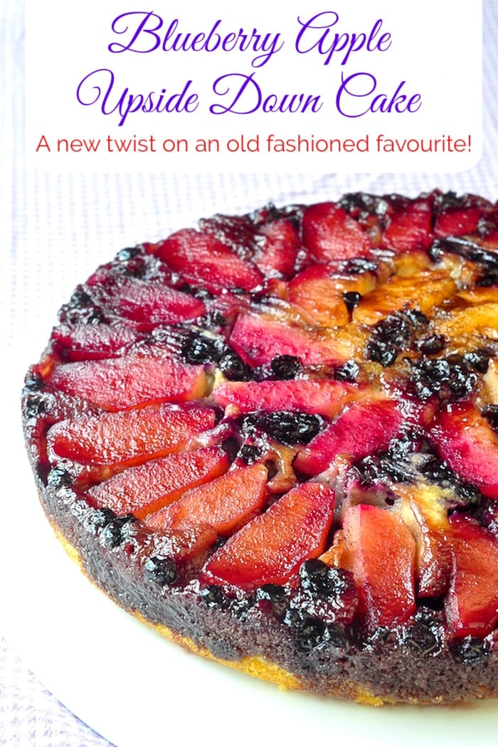 Blueberry Apple Upside Down Cake with title text added for Pinterest