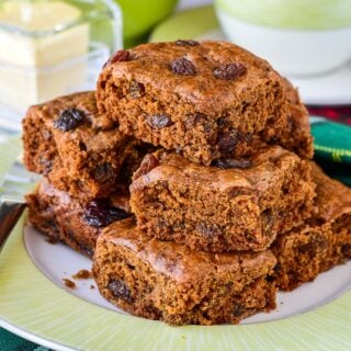 Close up photo of stacked Molasses Raisin Buns