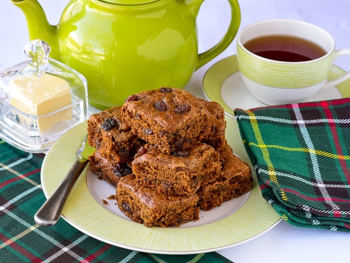 Molasses Raisin Tea Buns shown with Newfoundland tartan napkins and tablecloth