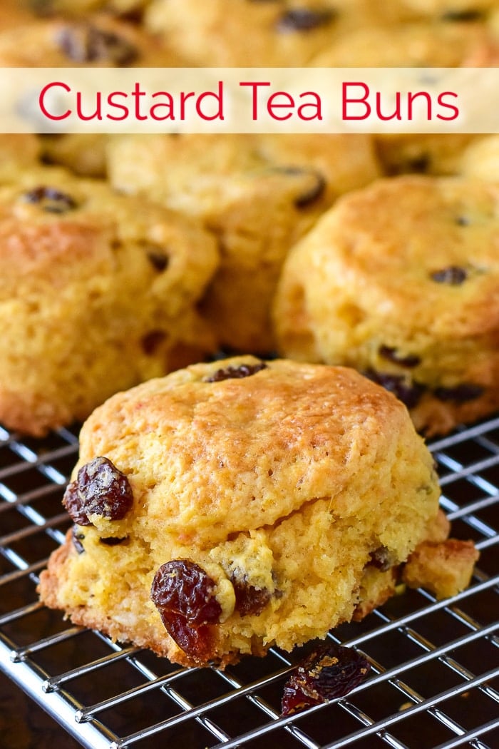 Custard Tea Buns on a wire rack with title text added for Pinterest