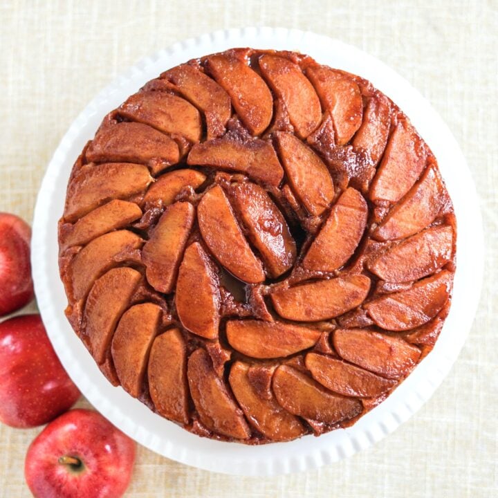 Overhead shot of Apple Upside down cake square cropped featured image