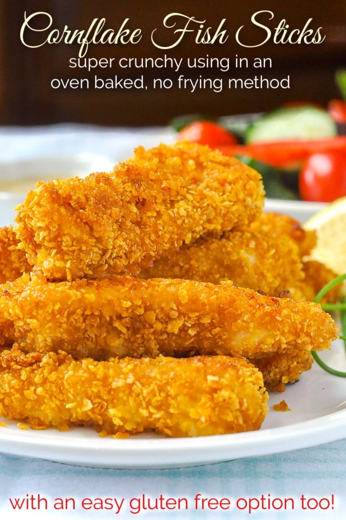 Cornflake Fish Sticks photo of fish sticks stacked on a white plate with title text added for Pinterest