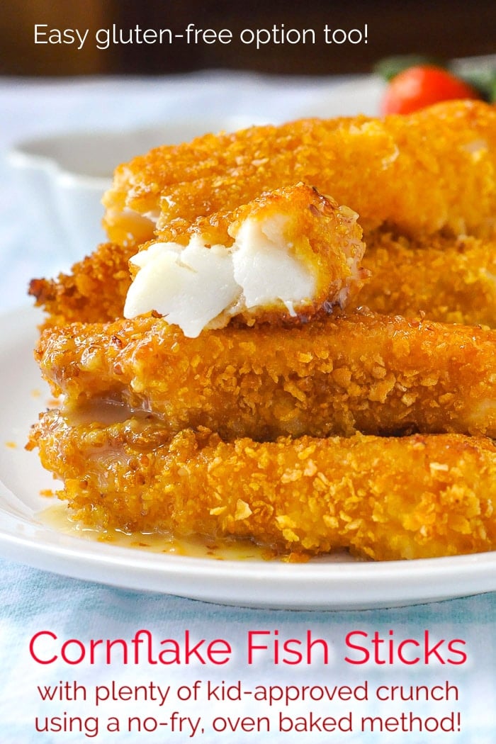 Cornflake Fish Sticks photo on a whit plate with title text added for Pinterest