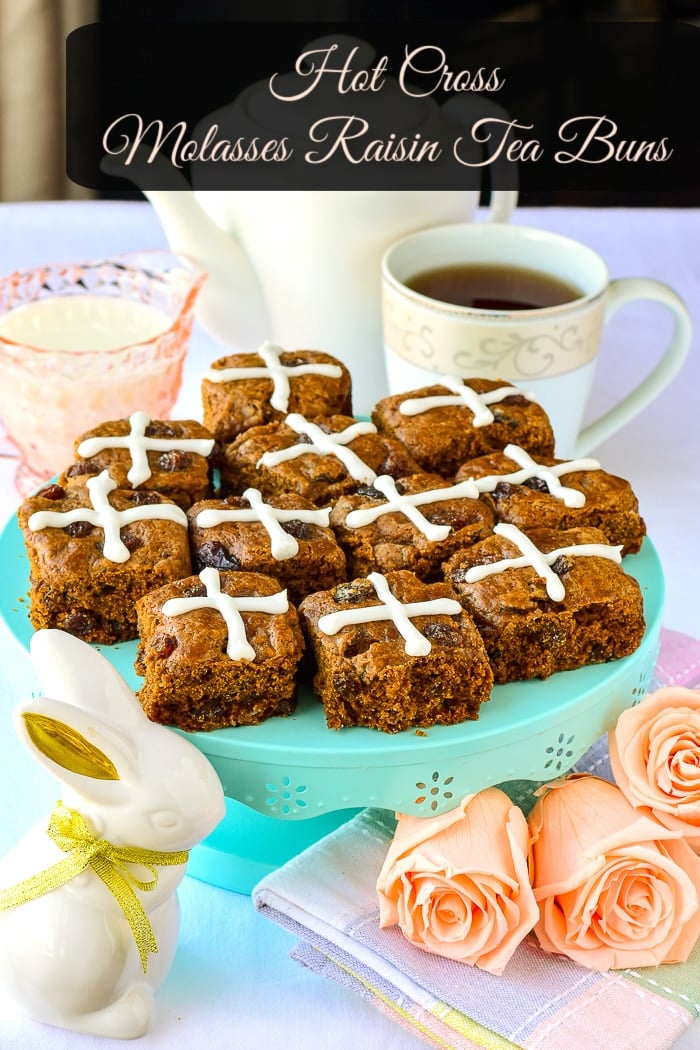 Hot Cross Molasses Raisin Tea Buns photo with title text added for Pintertest