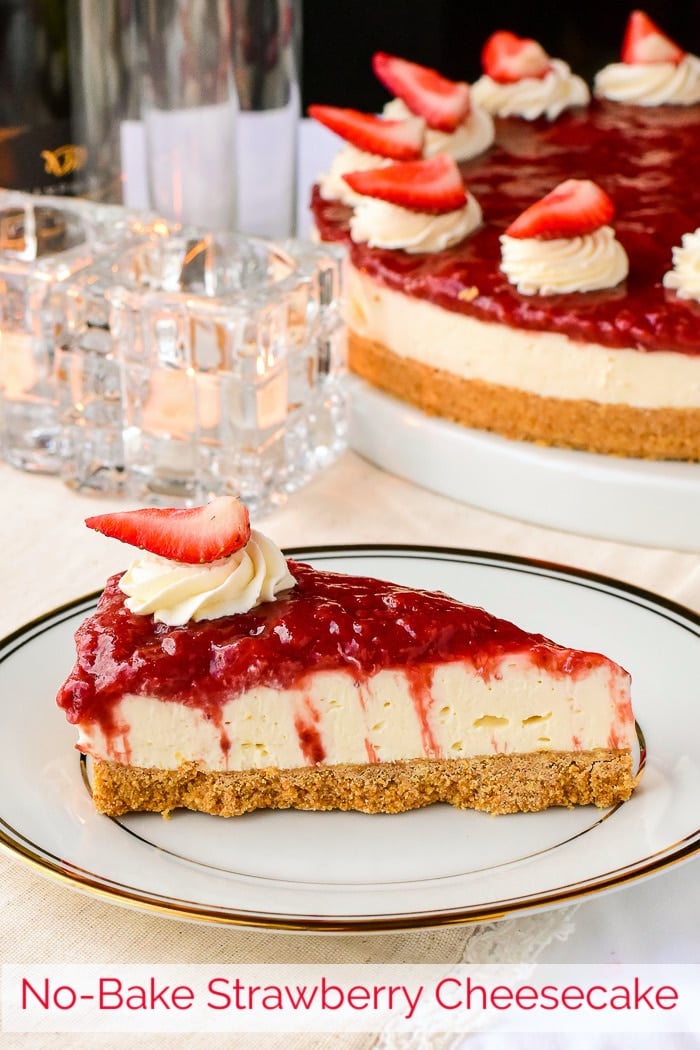 No Bake Strawberry Cheesecake photo of a single slice with title text added for Pinterest