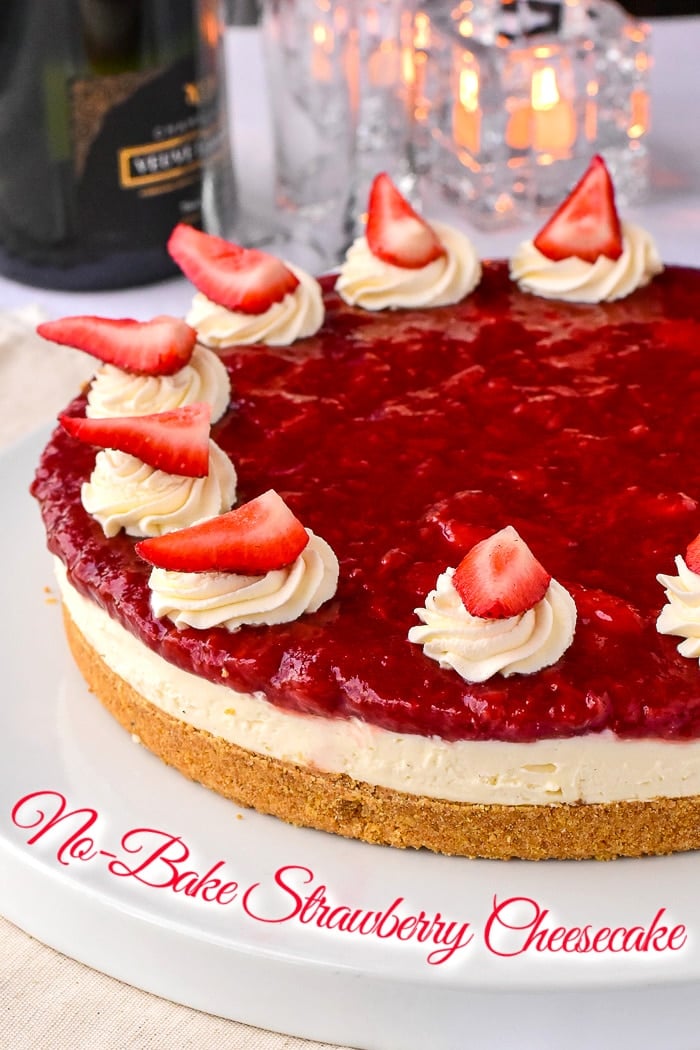 No Bake Strawberry Cheesecake photo of uncut cake with title text added for Pinterest