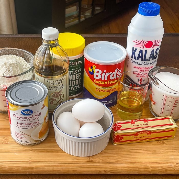 Photo of ingredients needed for the cake including Birds custard powder