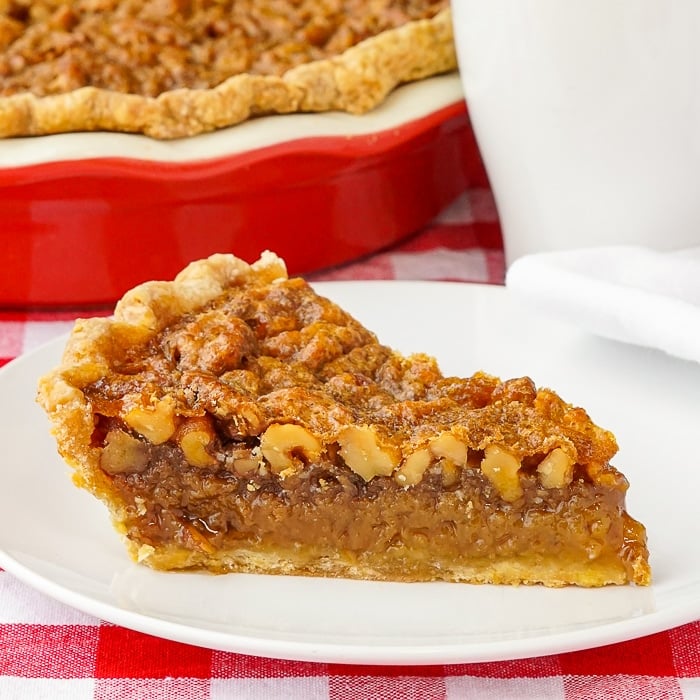 Maple Pie close up image of one slice on a white plate