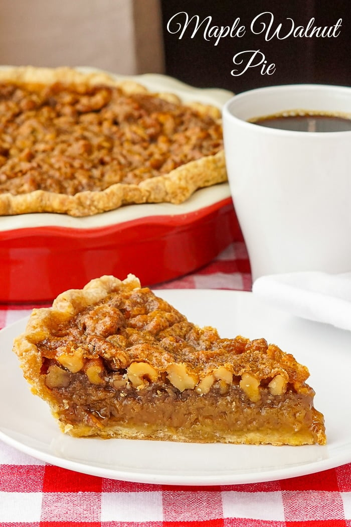 Maple Walnut Pie photo of one slice with title text added for Pinterest