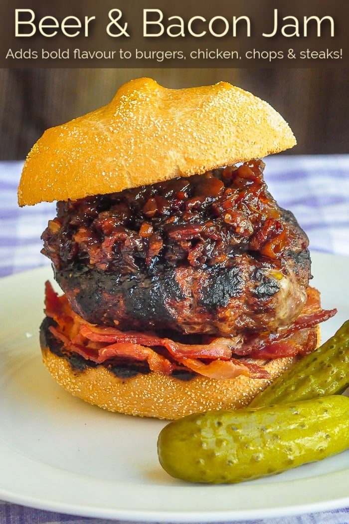 White Cheddar Burgers with beer and bacon jam photo with title text added for Pinterest