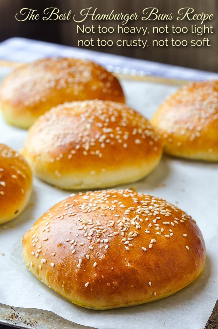 Best Hamburger Buns Recipe photo of buns just out of the oven with title text added for Pinterest