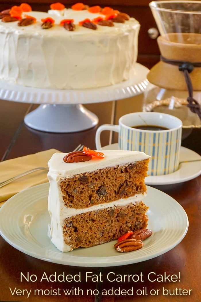 Photo of one slice of No Added Fat Carrot Cake with title text added for Pinterest