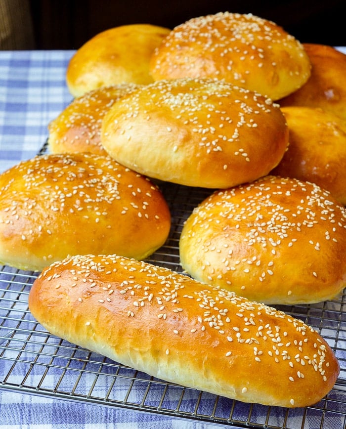 The Best Hamburger Buns Recipe cooling on a wire rack