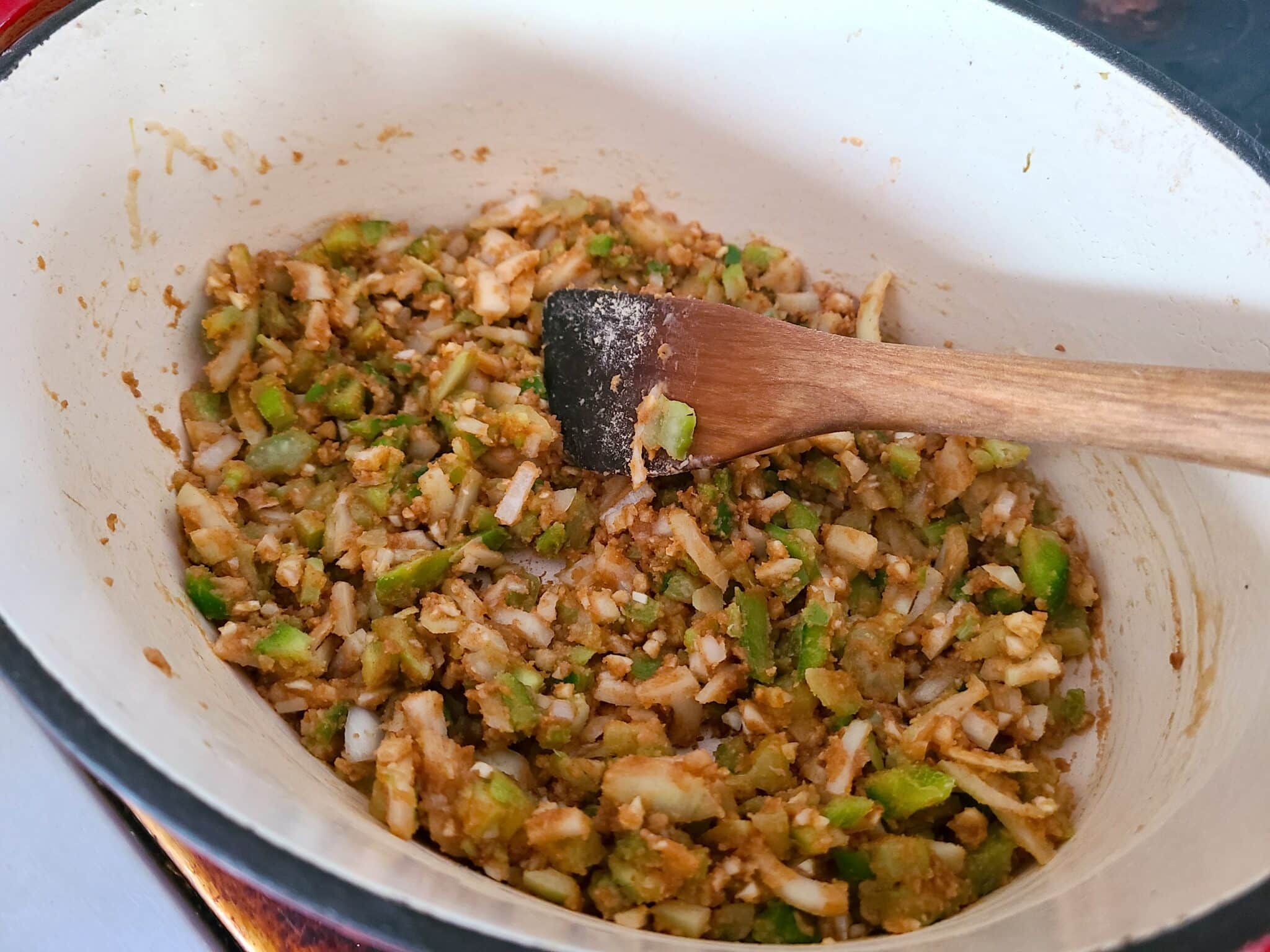 Adding the vegetables to the roux