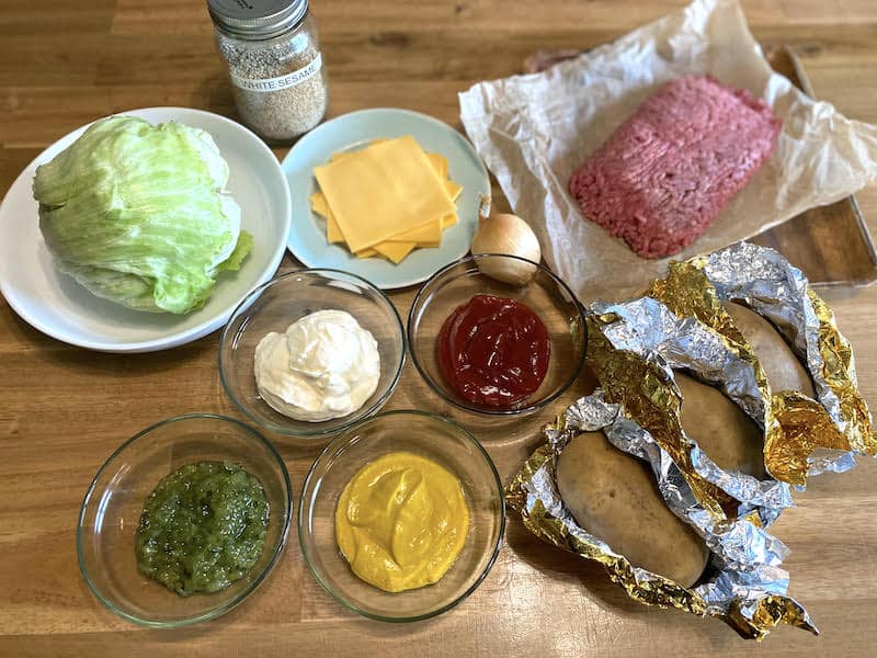 Assembled ingredients for Big Mac Potato Skins
