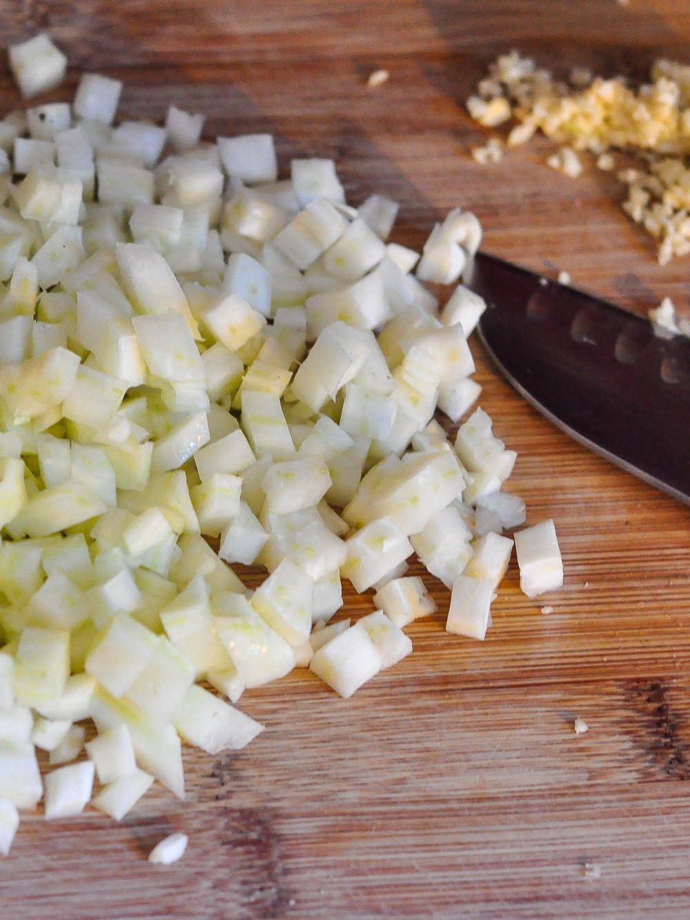 Finely chopped fennel for scallop risotto.