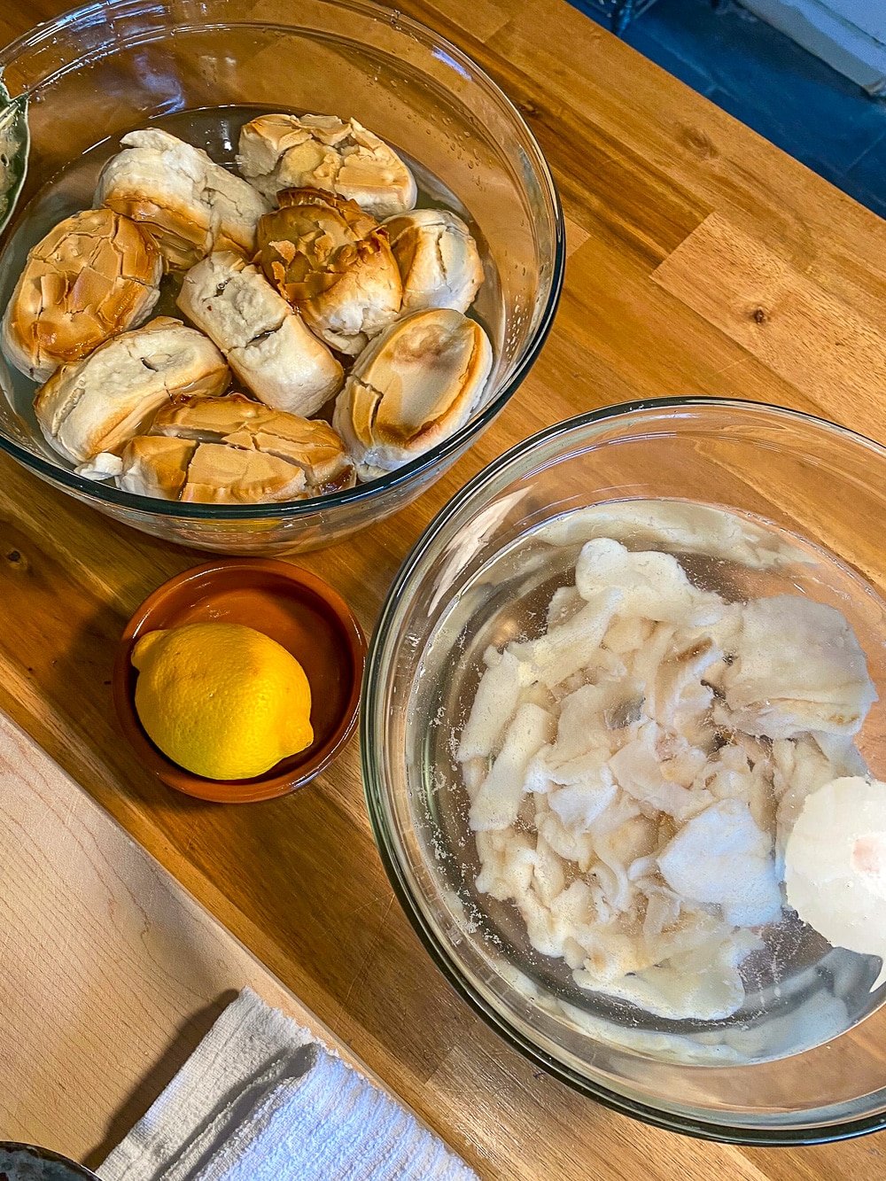 Hard tack and cod soaking before preparing the fish and brewis