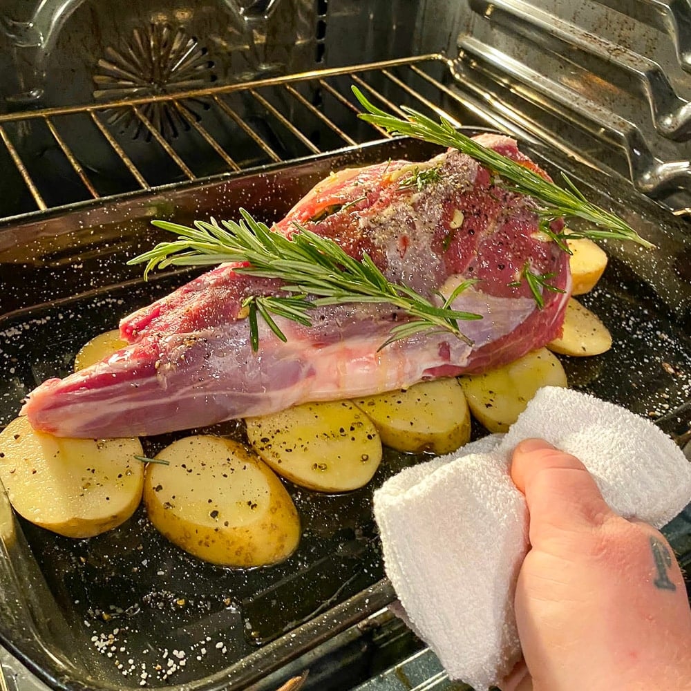 Roast Leg of Lamb going into the oven