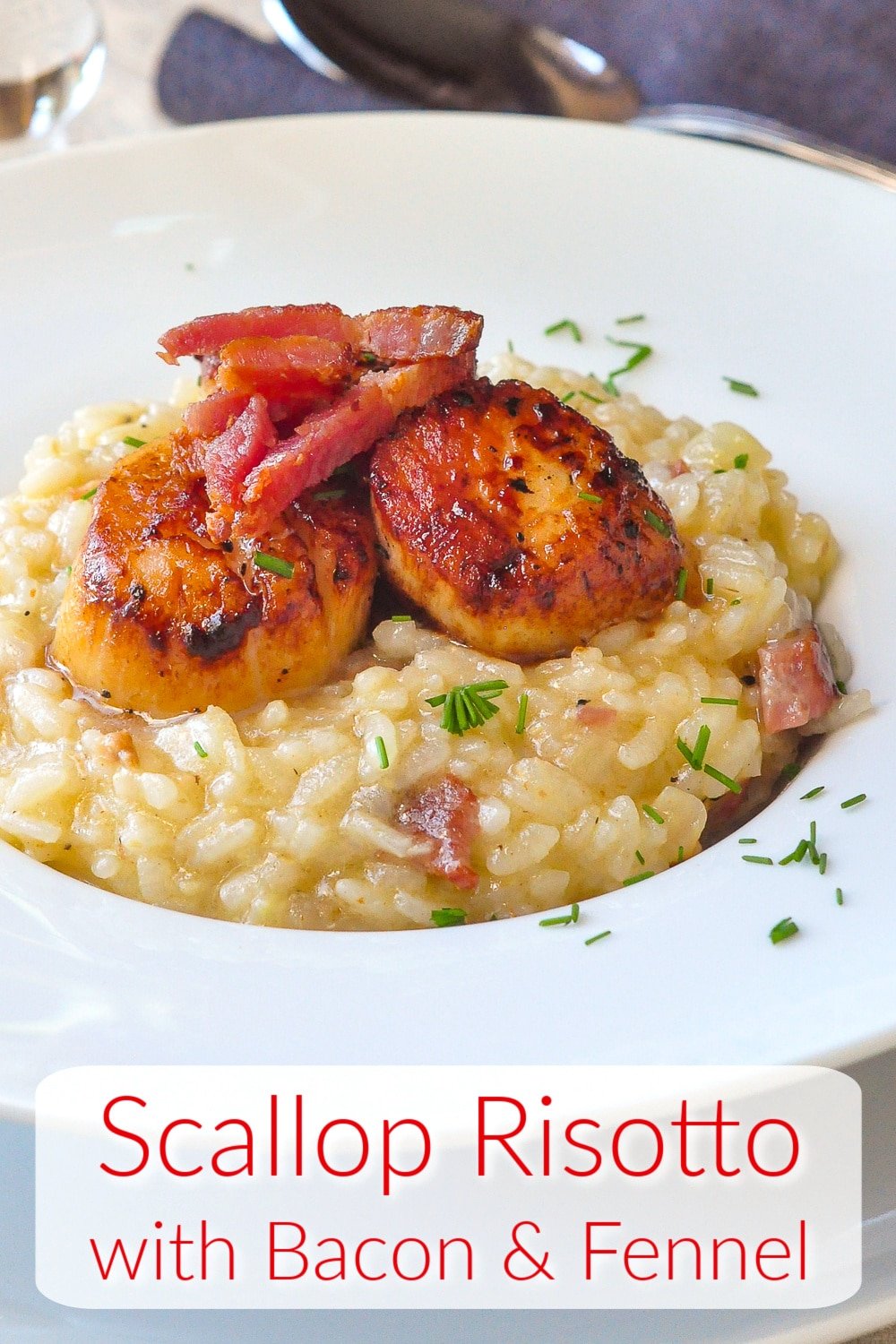 Scallop Risotto photo with title text added for Pinterest