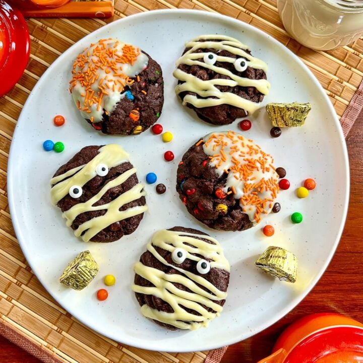 Featured photo of a plate of finished Double Chocolate Halloween Monster Cookies
